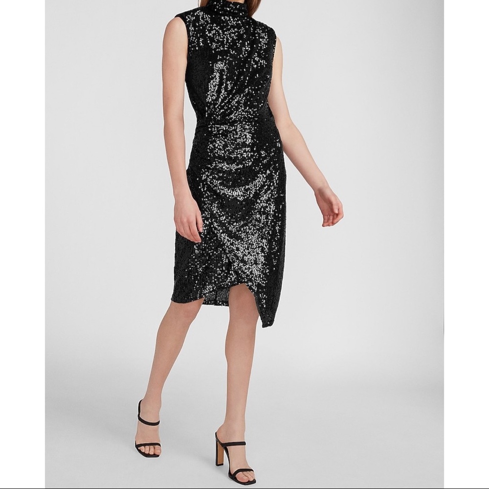 Express Sequin Asymmetrical Mock Black Dress Med